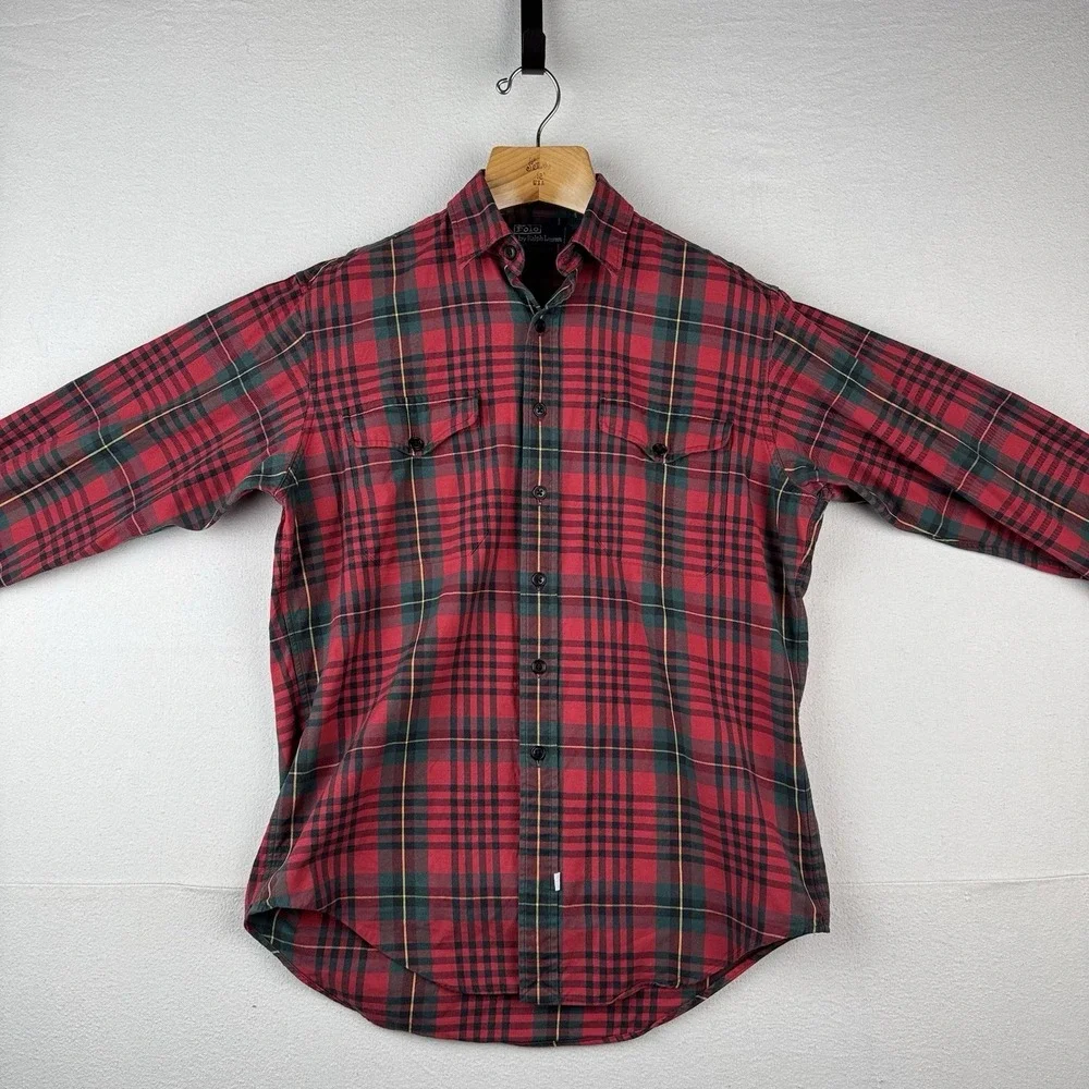 90's Vtg Polo Ralph Lauren Tartan Plaid Wool‎ Blend Flannel Shirt Men's M Red